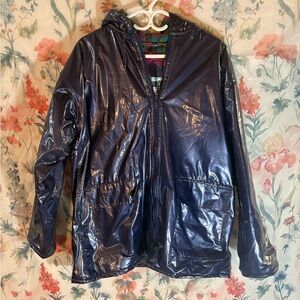 Vintage Shiny Blue Hooded Rain Jacket